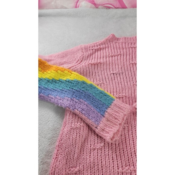 Chunky Knit Pink Sweater with Rainbow Striped Sleeves Cozy Warm Pullover Size S - Picture 6 of 7